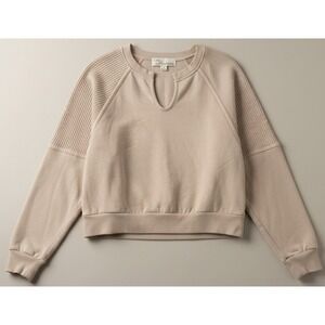 Vintage Havana Women's Large Beige Sweatshirt Waffle Sleeve Notch Neck Pullover